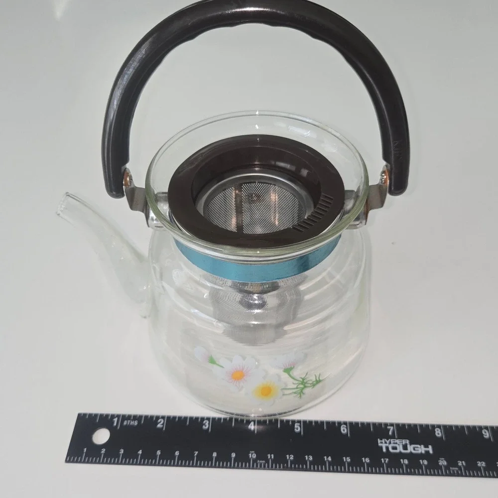 Vintage KJF Direct Heating Glass Teapot Floral Daisy Stainless Infuser Stovetop